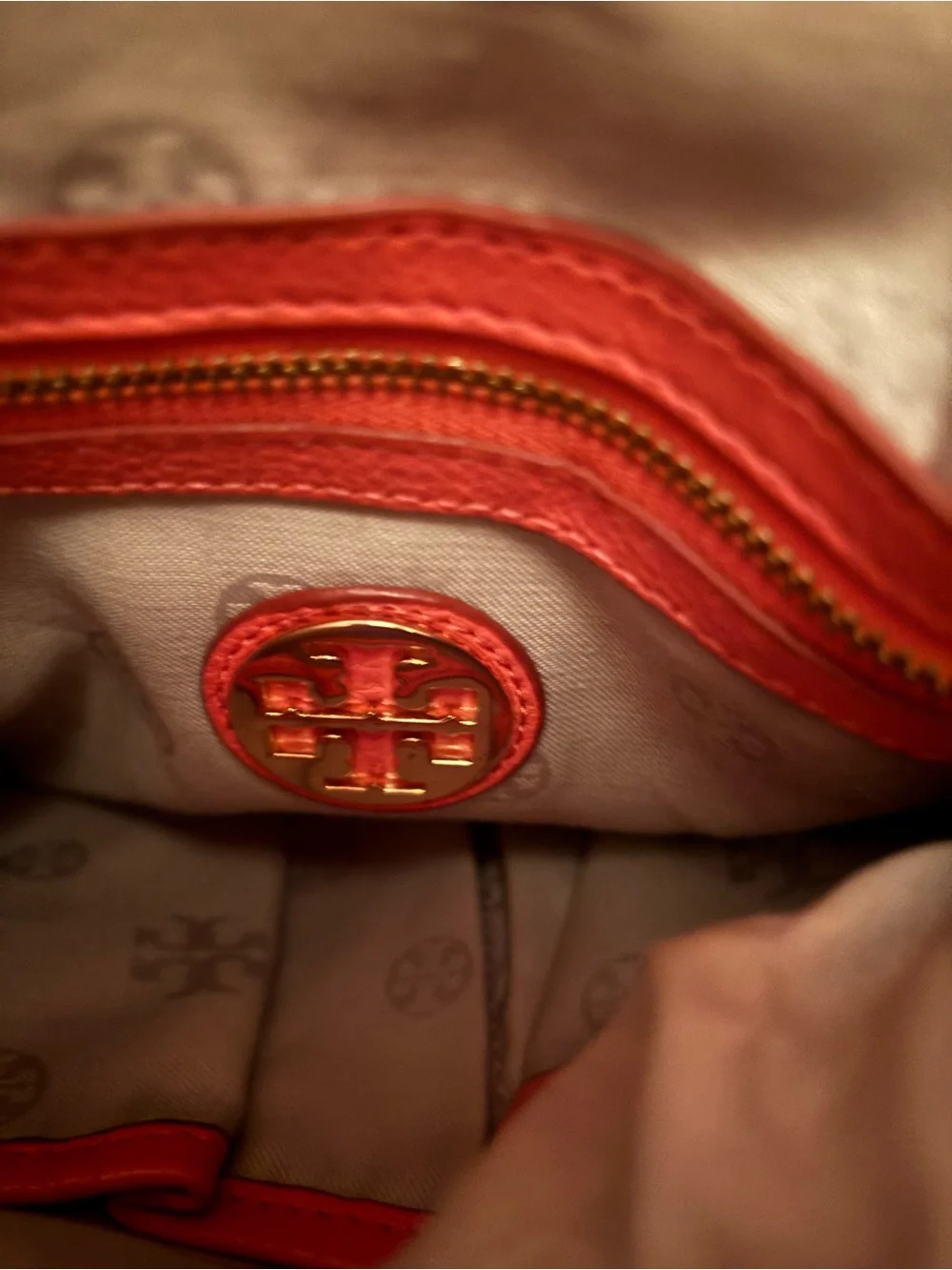 Tory Burch Coral Pink Leather Shoulder Bag with Logo Accent and Adjustable Strap